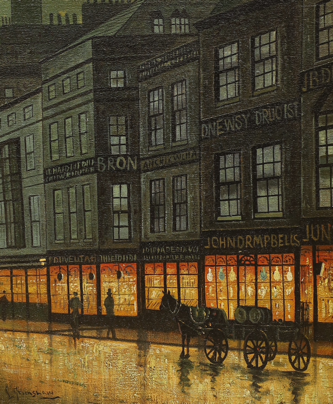 After John Atkinson Grimshaw (1836–1893), oil on board, Liverpool street with horse and cart, 29 x 24cm